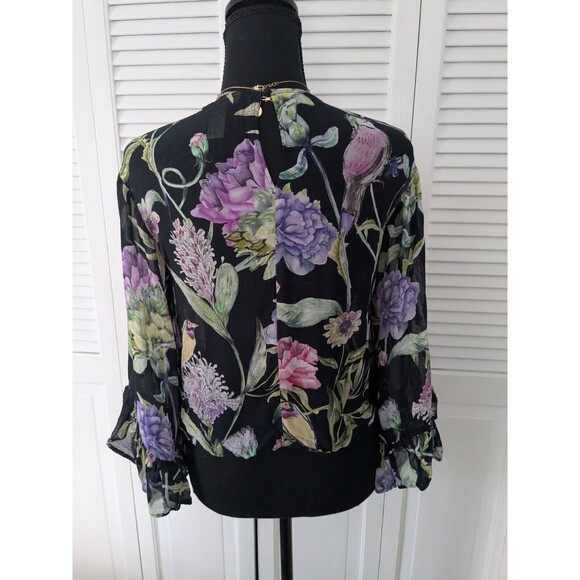 H&M Blouse Women's 6 Black Purple Green Sheer Floral Birds Top Romantic Ruffles - Picture 8 of 12